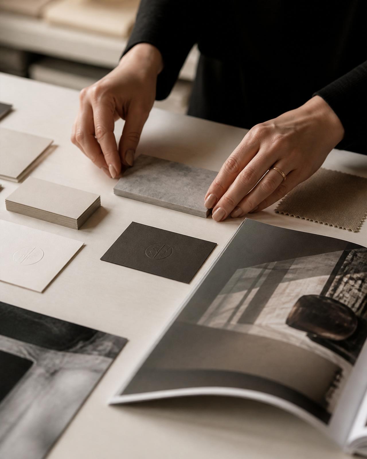 Designer arranging premium brand collateral